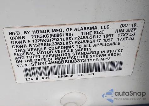 2011 Honda Pilot Touring from USA, damaged, VIN 5FNYF4H98BB003373